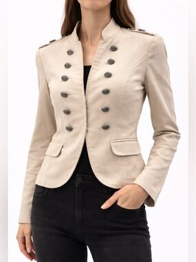 Cream Military Style Jacket Blazer Silver Crest Buttons Small